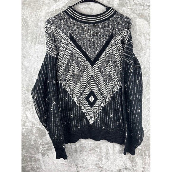 Geometric Knit Sweater Black Gray Grandpa Core Cozy Vintage Oversized Mens XL - Picture 2 of 8